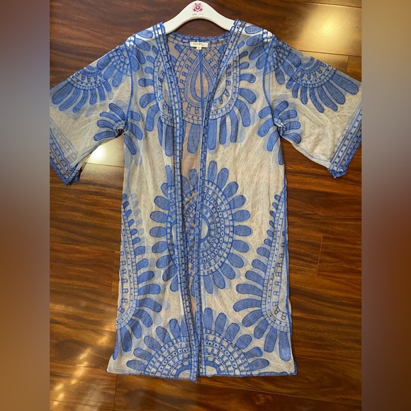 Rebellion Again Blue Sheer Embroidered Lace 3/4 Sleeve Kimono Dress - Picture 10 of 10